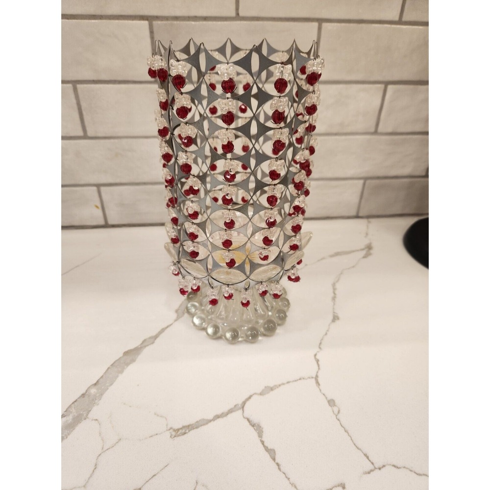 MCM Style 70s Or 80s Candle Holder Glass Base‎ With Beaded And Metal Tin Shade
